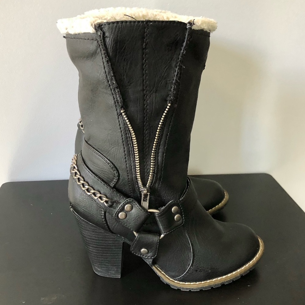 Candies Mid-Calf Boot with Zipper/Chain Detail & Decorative Buckle.